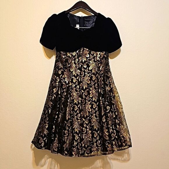 Vintage 80s Jessica McClintock Bridal Black Velvet Gold Metallic Lace Princess 6 - Picture 1 of 10